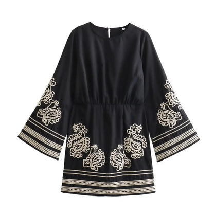 FashionSierra-Casual  O-neck  Flare Long Sleeve  Mini  Women  Vintage  Ethnic  Black Floral Embroidery  Loose  Vestidos Boho Dress