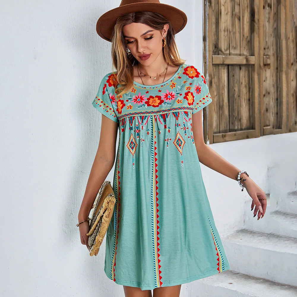 FashionSierra - 2024 Casual O-Neck Vintage Cotton Floral Boho Dress