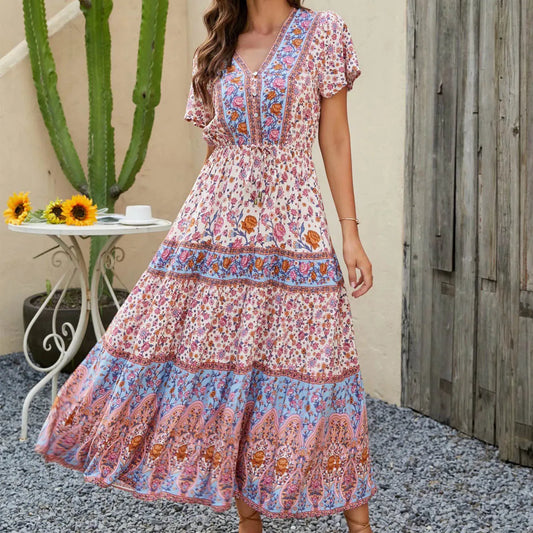 FashionSierra-Casual  Short Sleeve  Long  Women  Vintage  Deep V  High Waist  Summer  2024  Beach Wear  Floral Print  Vestidos  Boho Dress