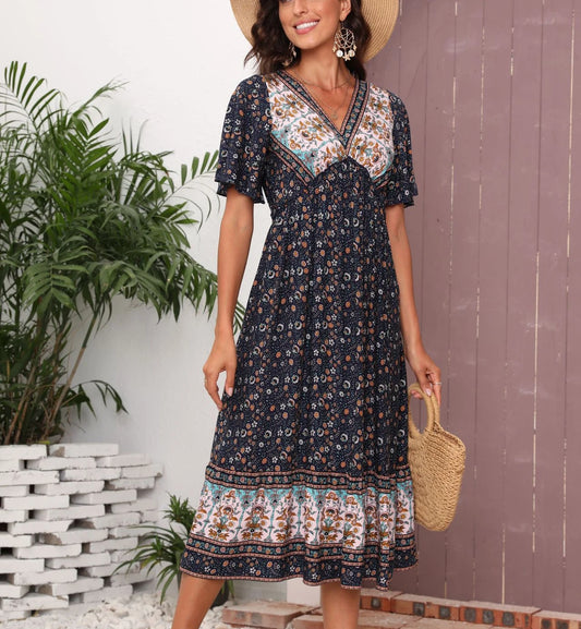 FashionSierra-Casual  Short Sleeve  Maxi  Women  Summer  2024  Vintage  Deep V  Floral Print  Beach Wear  Loose  Vestidos Boho Dress