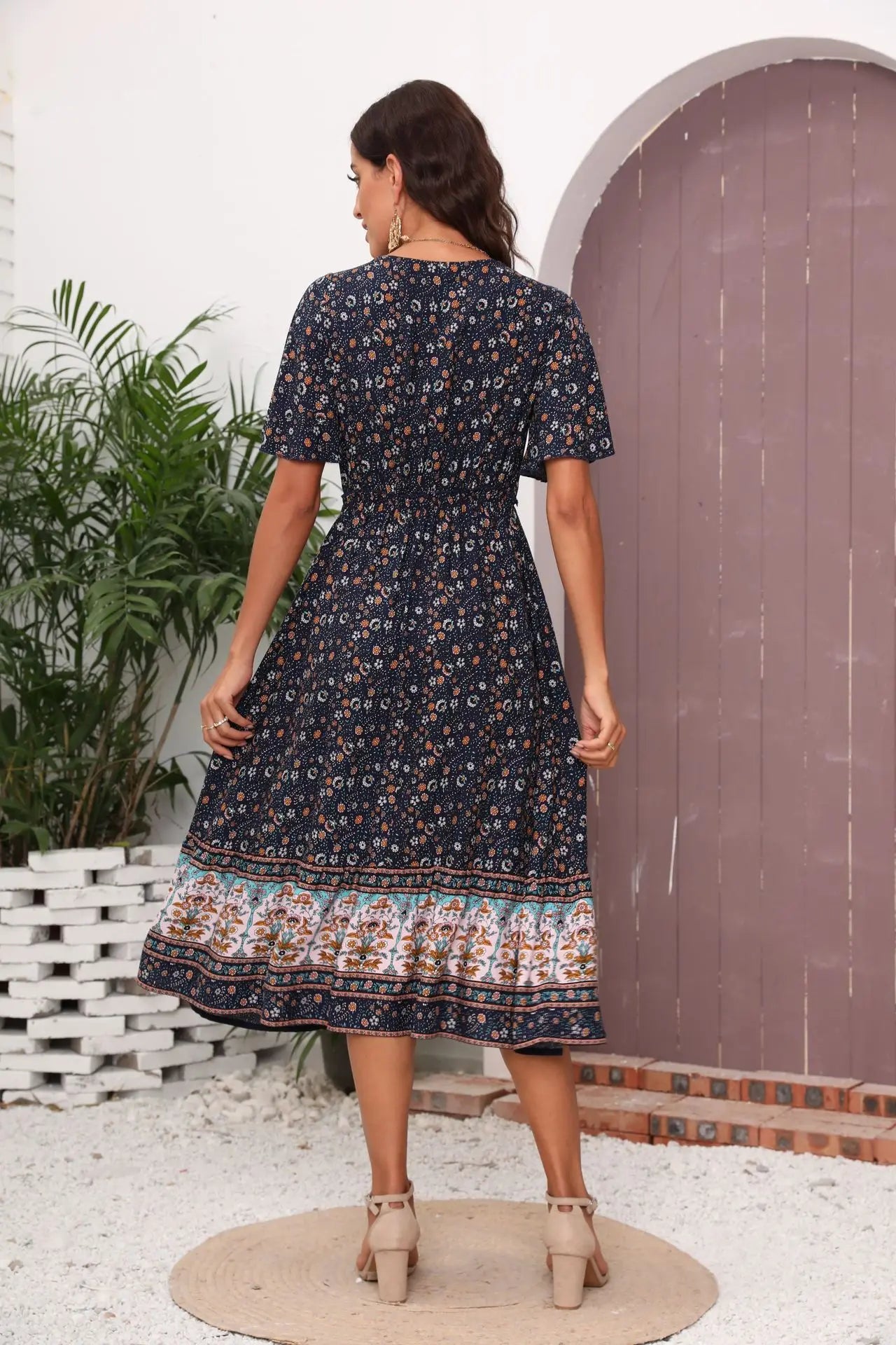 FashionSierra-Casual  Short Sleeve  Maxi  Women  Summer  2024  Vintage  Deep V  Floral Print  Beach Wear  Loose  Vestidos Boho Dress