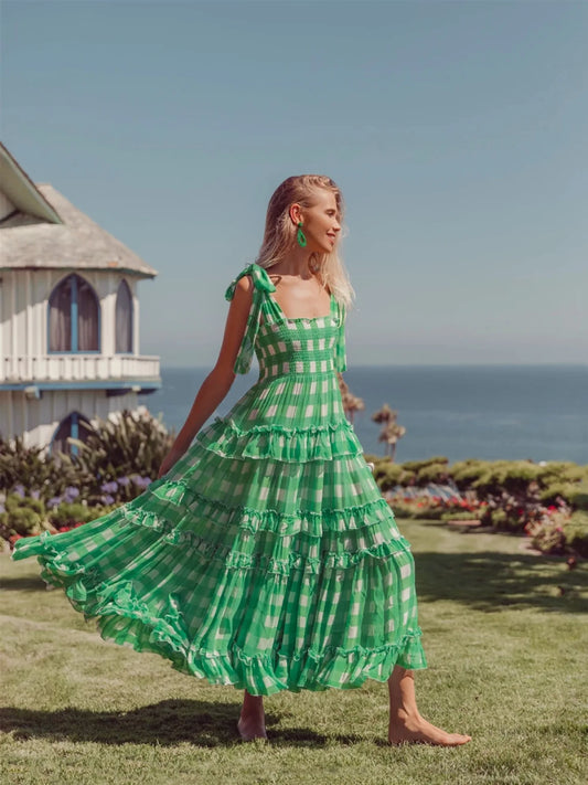 FashionSierra-Casual Square Collar Plaid for Women Vintage High Waist Ruffles Summer 2025 Sleeveless Long Vestidos Boho Dress