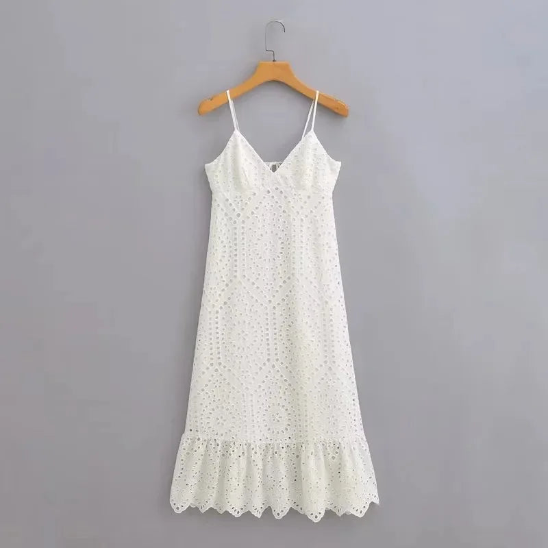 FashionSierra-Cotton Floral Embroidery  Long  Lace  Women  Sexy  Deep V Neck  Backless  Sleeveless  Strap  Summer  Robe  Boho Dress