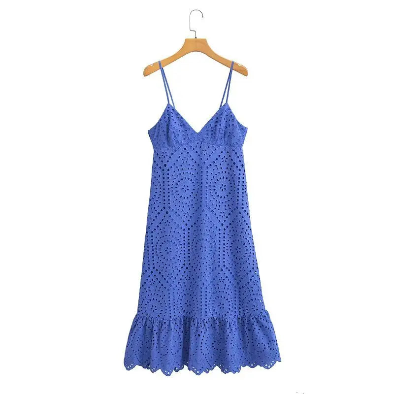 FashionSierra-Cotton Floral Embroidery  Long  Lace  Women  Sexy  Deep V Neck  Backless  Sleeveless  Strap  Summer  Robe  Boho Dress