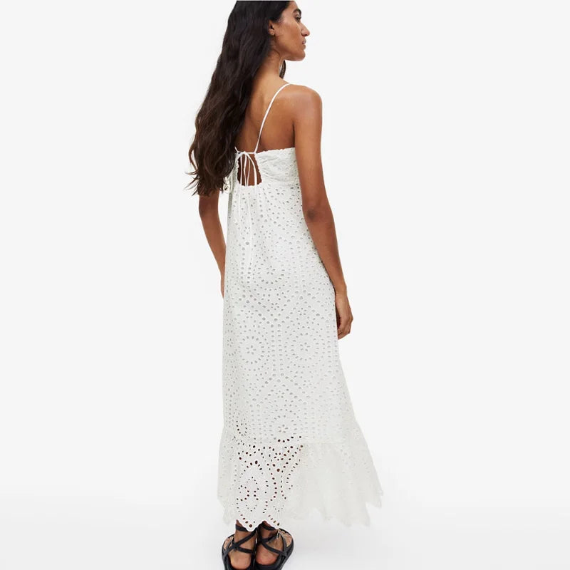 FashionSierra-Cotton Floral Embroidery  Long  Lace  Women  Sexy  Deep V Neck  Backless  Sleeveless  Strap  Summer  Robe  Boho Dress