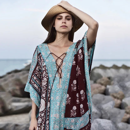 FashionSierra-Cotton Floral Print  Smock Frock  Swim Bikini Cover Up  Women  Vintage  Beach  Oversize  Summer  Long  2024  Maxi  Robe Boho Dress