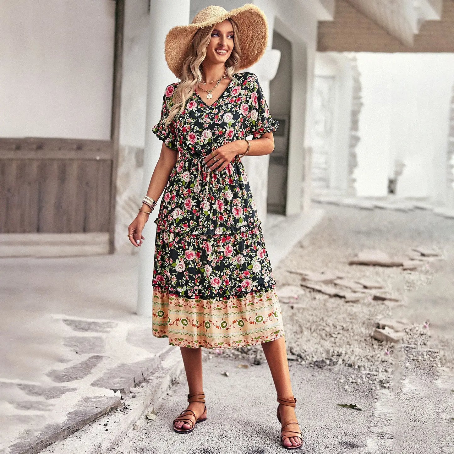 FashionSierra-Cotton Rayon  Floral Print  Midi  Women  Casual  Ruffles  V Neck  Long  Summer  Elastic Waist  Beach  Vestidos Boho Dress