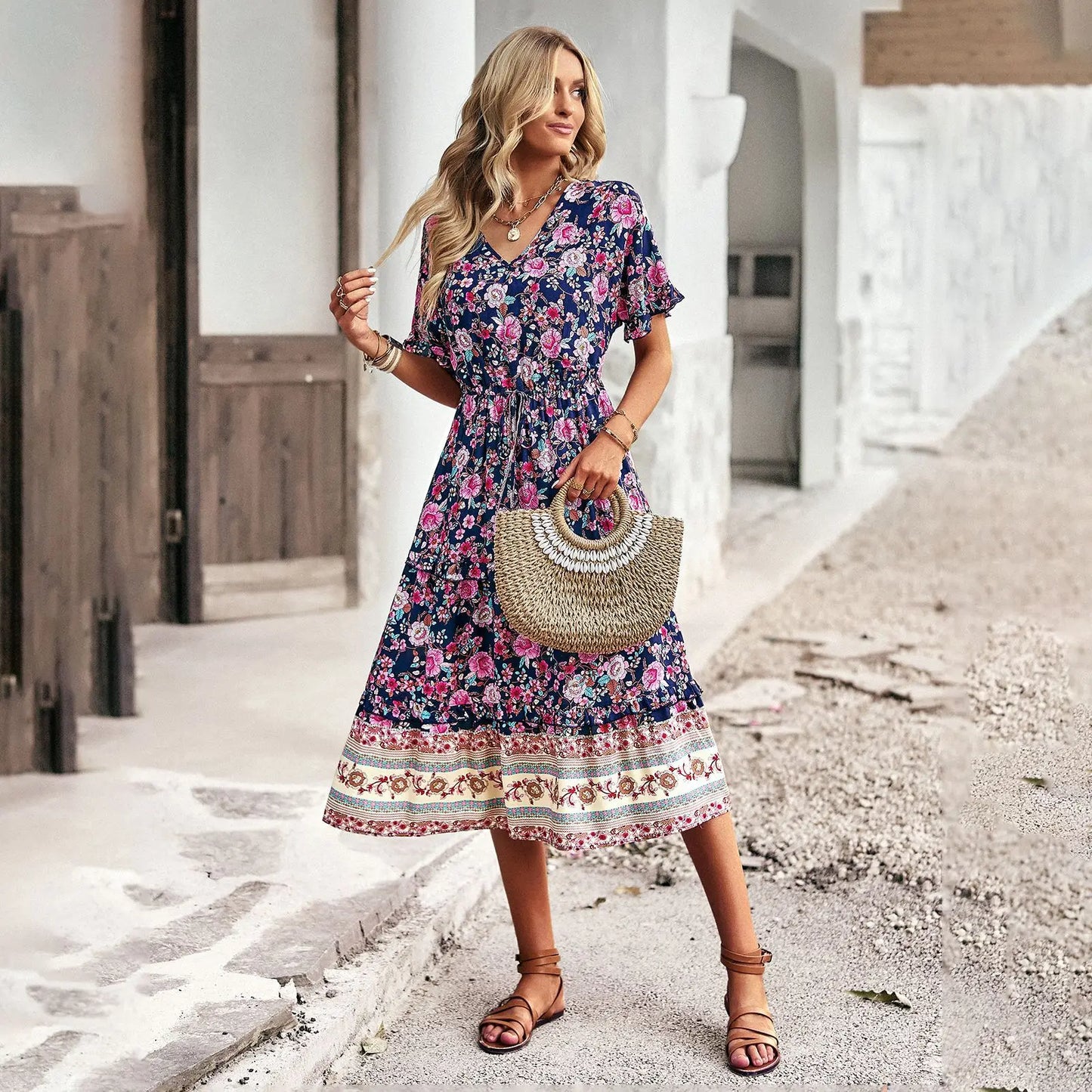 FashionSierra-Cotton Rayon  Floral Print  Midi  Women  Casual  Ruffles  V Neck  Long  Summer  Elastic Waist  Beach  Vestidos Boho Dress