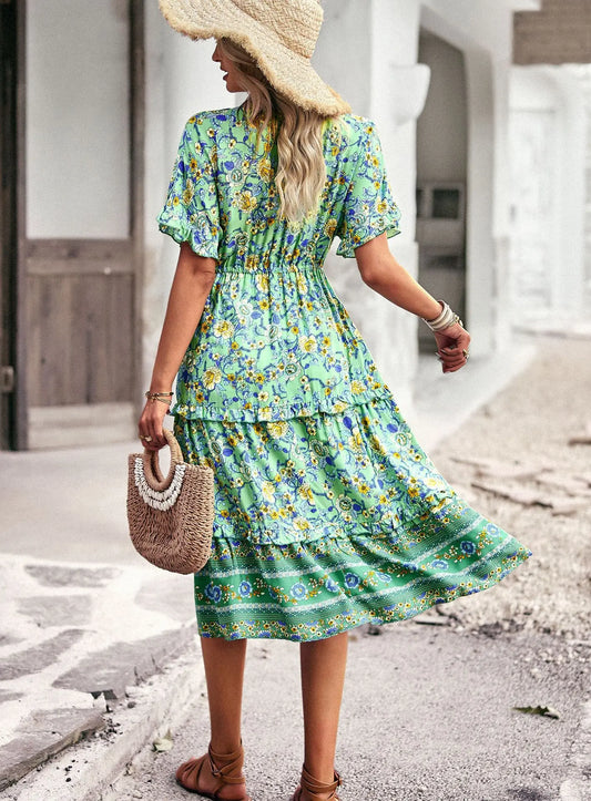 FashionSierra-Cotton Rayon  Floral Print  Midi  Women  Casual  Ruffles  V Neck  Long  Summer  Elastic Waist  Beach  Vestidos Boho Dress