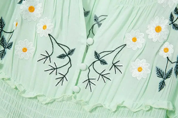 FashionSierra-Deep V  Long Sleeve  Casual  High Waist  Ruffles  Spring  Vintage  Floral Embroidery Boho Dress