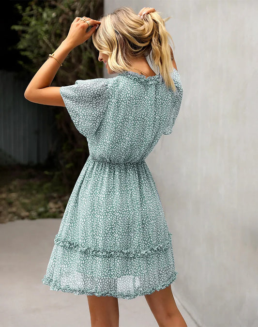 FashionSierra-Deep V Neck  Floral Print  Chiffon  Women  Casual  Short Sleeve  Ruffles  Mini  Vintage  Ladies Boho Dress