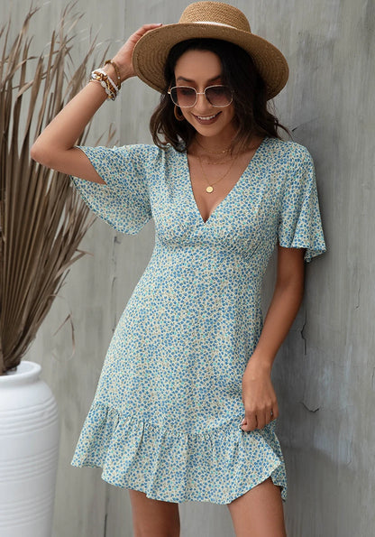 FashionSierra-Deep V Neck  Ruffles Sleeve  Mini  Robe  Vintage  Rayon  Leopard Print  Summer  Ladies Boho Dress