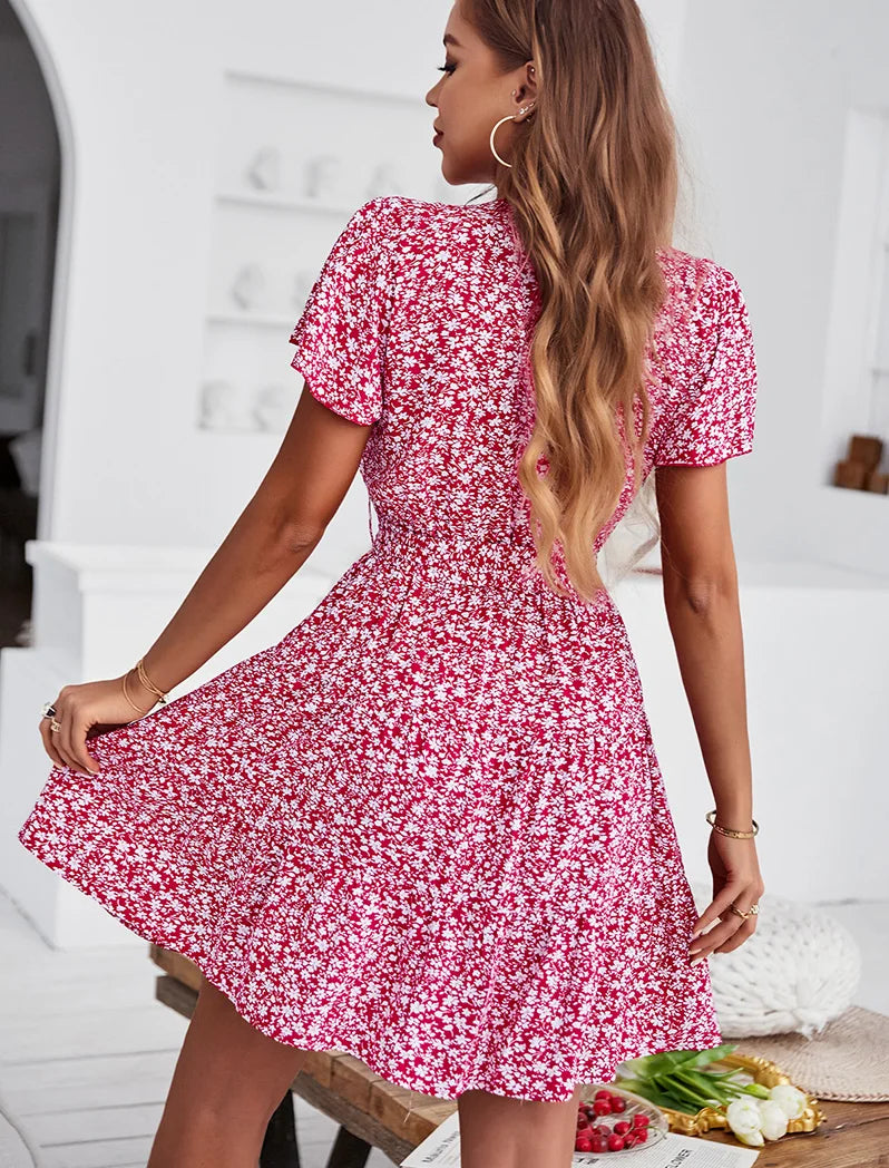 FashionSierra-Deep V Neck  Short Sleeve  Women  Robe  Casual  Rayon  Floral Print  Mini  Summer  Beach Wear  Ladies Boho Dress