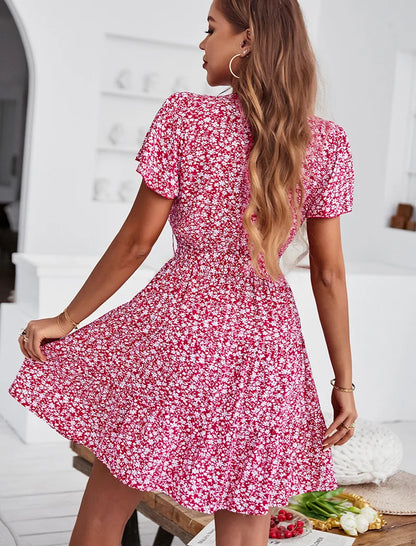 FashionSierra-Deep V Neck  Short Sleeve  Women  Robe  Casual  Rayon  Floral Print  Mini  Summer  Beach Wear  Ladies Boho Dress