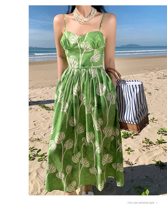 FashionSierra-Elegant  Floral Print  Women  Casual  High Waist  Sling  Autumn 2024  Beach Wear  Big Hem  Oversize Boho Dress