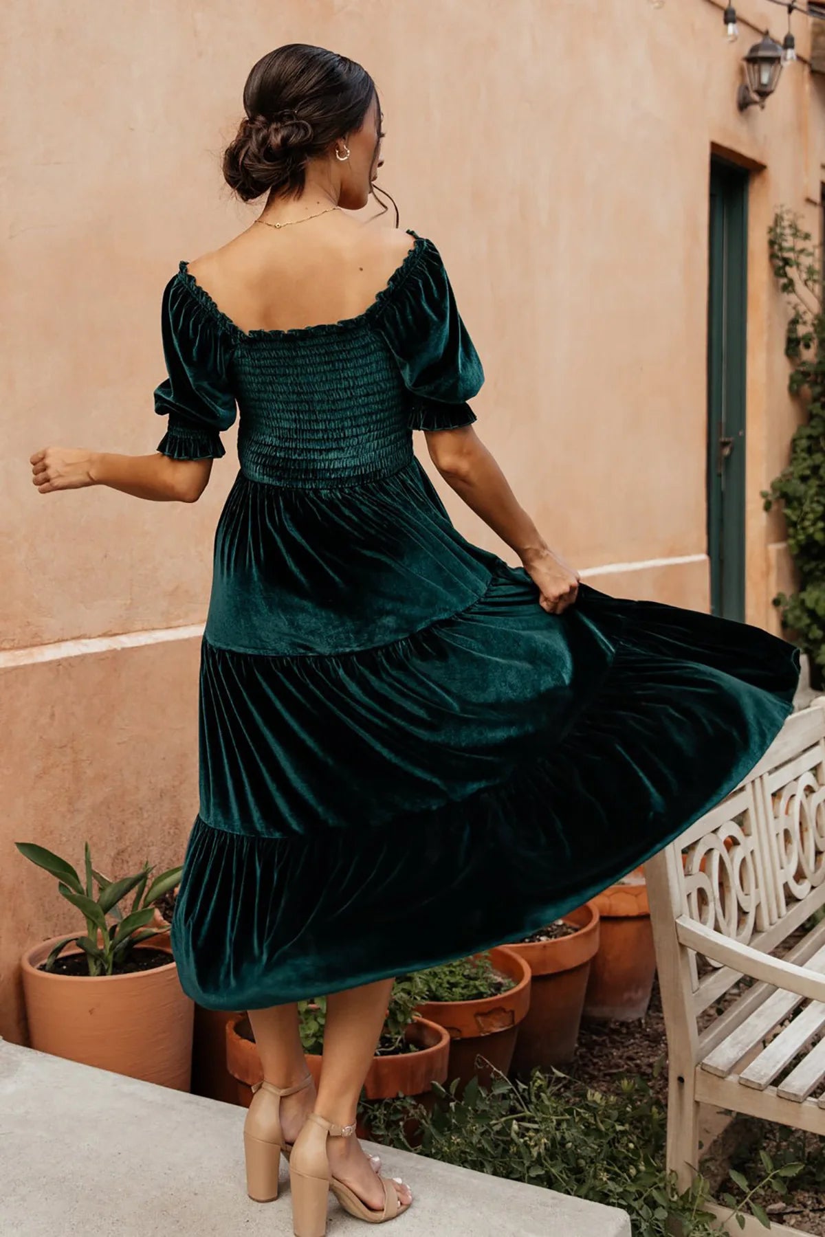 FashionSierra-Elegant  Party  Velvet  Long  Women  Casual  Square Collar  Solid  Shirred Bust  Puff Sleeve  Ladies  Vestidos  Boho Dress