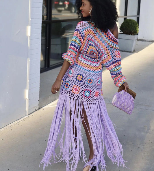 FashionSierra-Ethnic Hand-Knitted Crochet  Beach Bikini Cover Up  Women  Cardigan  Vintage  Long Sleeve  Summer Boho Dress