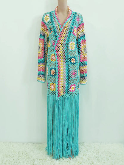 FashionSierra-Ethnic Hand-Knitted Crochet  Beach Bikini Cover Up  Women  Cardigan  Vintage  Long Sleeve  Summer Boho Dress