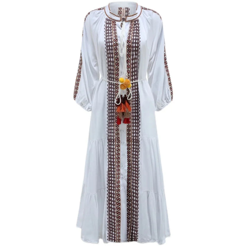 FashionSierra-Floral Embroidery  Short Sleeve  Long  Sexy  Side  Casual  Robe  White  Straight Boho Dress