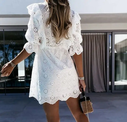 FashionSierra-Floral  Hollow Out  Embroidery  Ruffled  Mini  Casual  Maxi  Women  Vintage  Short Sleeve  White  Summer  Vestido Boho Dress