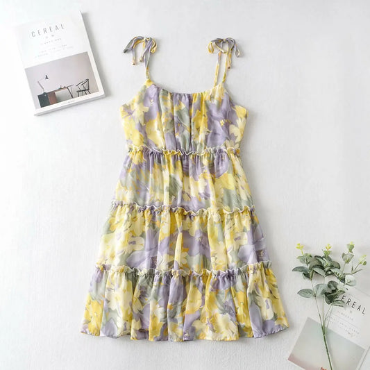 FashionSierra-Floral Print  Chiffon  Mini  Women  Beach Wear  Summer  Sexy  Sleeveless  Strap  Short  2024  Ruffles  Vestidos Boho Dress