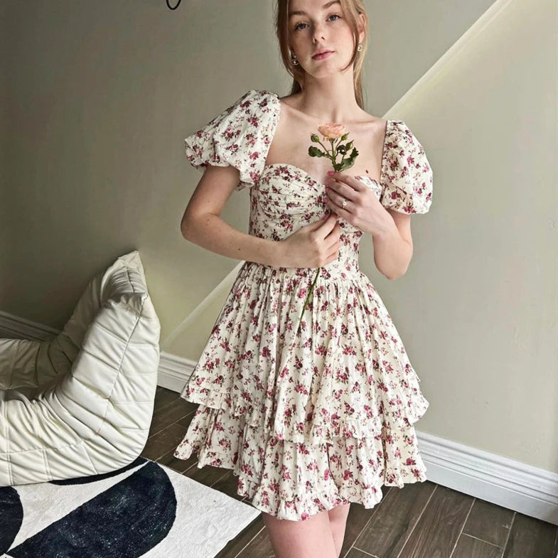 FashionSierra-Floral Print  Ruffles  Mini  Party  Vintage  Square Collar  Puff Sleeve  Backless  Elegant Boho Dress