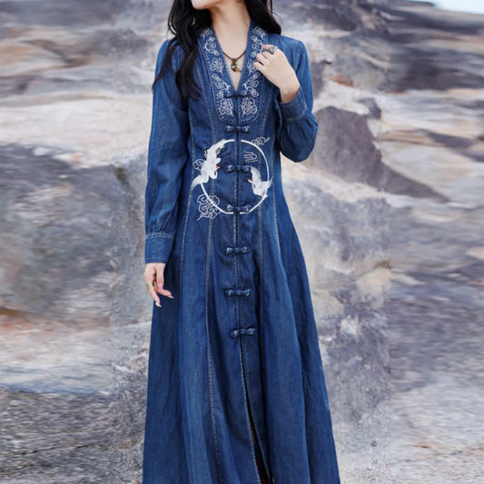 FashionSierra-Ladies  QiPaoShi  Denim  Wind  Maxi  Retro  Swan Embroidery  Button  V Neck  Fashion Boho Dress