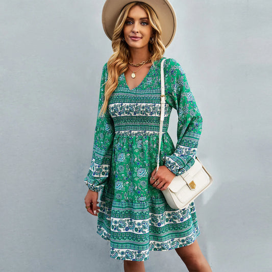 FashionSierra-Lantern Long Sleeve  Floral Print  Short  Women  Casual  V-neck  Mini  Spring  2024  Vintage  Loose  Vestidos Boho Dress