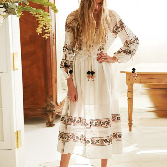 FashionSierra-Lantern  Long Sleeve  Lace  Maxi  Vintage  White  Cotton  Floral Embroidery  Tunic  O Neck  Autumn Boho Dress