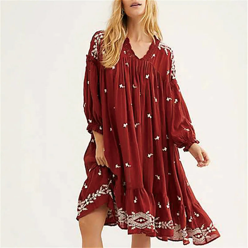 FashionSierra-Lantern Long Sleeve  Loose  Vintage  Cotton Rayon  Embroidery  V Neck  Autumn  A-Line  Robe Boho Dress