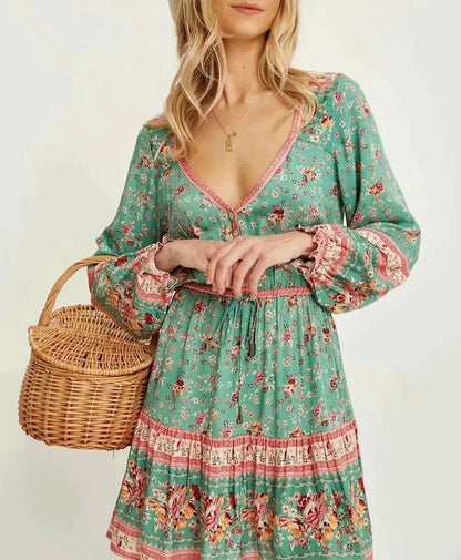 FashionSierra-Lantern Long Sleeve  Mini  Women  Vintage  Rayon  Green Floral Print  Adjust Waist  V-neck  Autumn  2024  Robe Boho Dress
