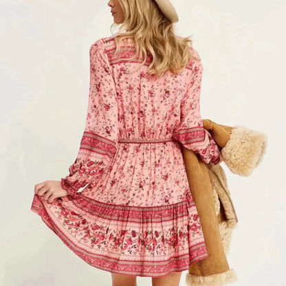 FashionSierra-Lantern Long Sleeve  Mini  Women  Vintage  Rayon  Pink Floral Print  Autumn  2024  V-neck  Adjust Waist  Robe Boho Dress
