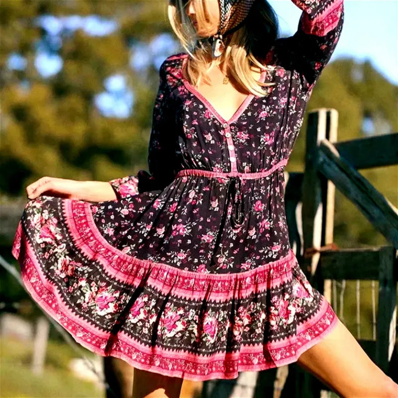 FashionSierra-Lantern Long Sleeve  Mini  Women  Vintage  Rayon  Pink Floral Print  Autumn  2024  V-neck  Adjust Waist  Robe Boho Dress