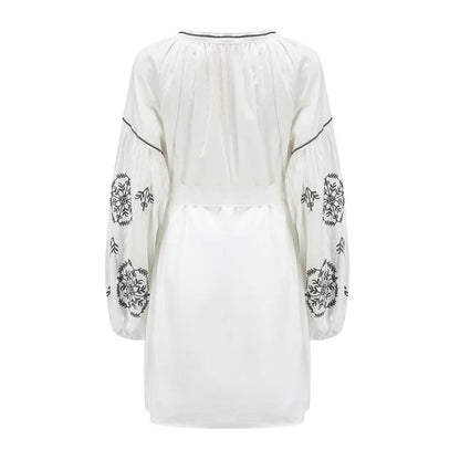 FashionSierra-Lantern Long Sleeve  Mini  Ethnic  Vintage  White Cotton  Floral Embroidery  Tunic  Loose  Casual Boho Dress