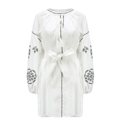 FashionSierra-Lantern Long Sleeve  Mini  Ethnic  Vintage  White Cotton  Floral Embroidery  Tunic  Loose  Casual Boho Dress