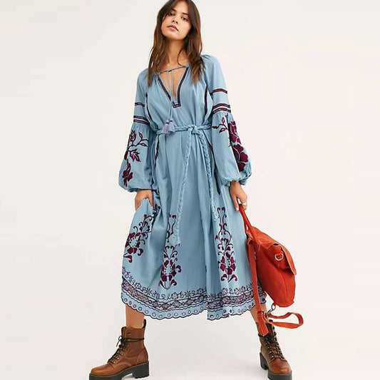 FashionSierra-Lantern Long Sleeve  Tunic  Vintage  Ethnic  Floral Print  Embroidery  Blue Cotton  Autumn  Robe Boho Dress