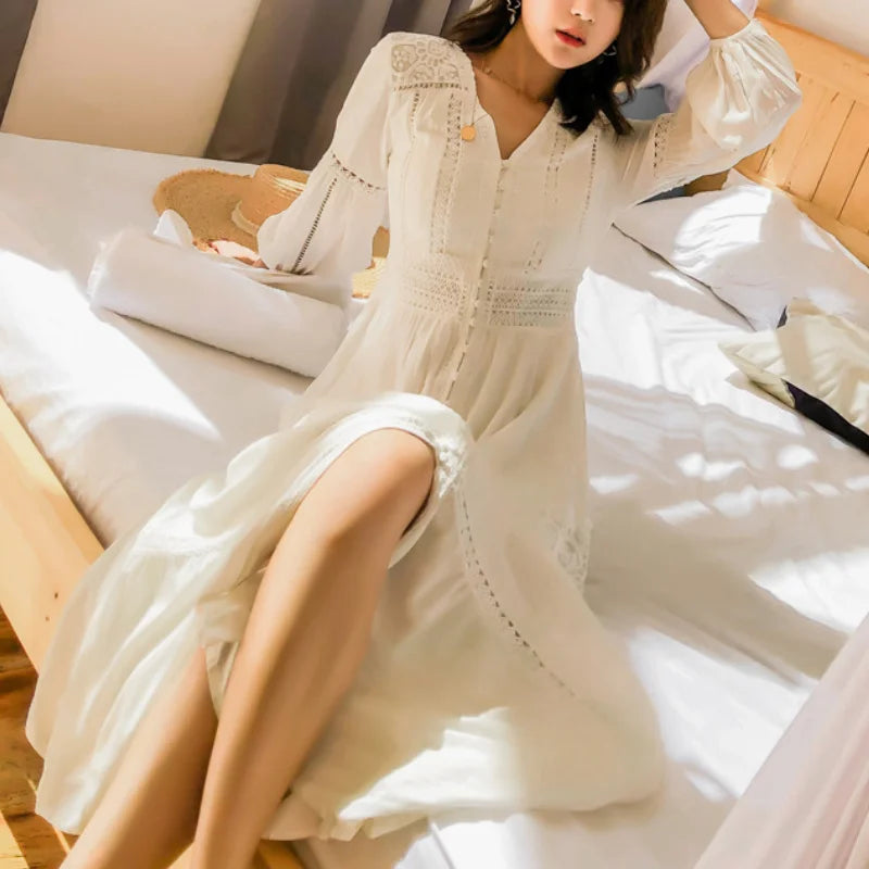 FashionSierra-Lantern Sleeve  Cotton  Splice Lace  Long  Vintage  White  V-neck  Autumn  Holiday Boho Dress