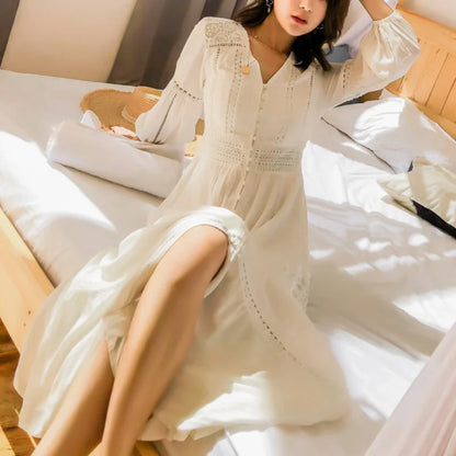 FashionSierra-Lantern Sleeve  Cotton  Splice Lace  Long  Vintage  White  V-neck  Autumn  Holiday Boho Dress