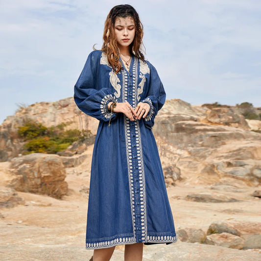 FashionSierra-Lantern Sleeve  Summer Denim  Casual  Deep V  Embroidery  Loose  Vintage  Maxi Boho Dress