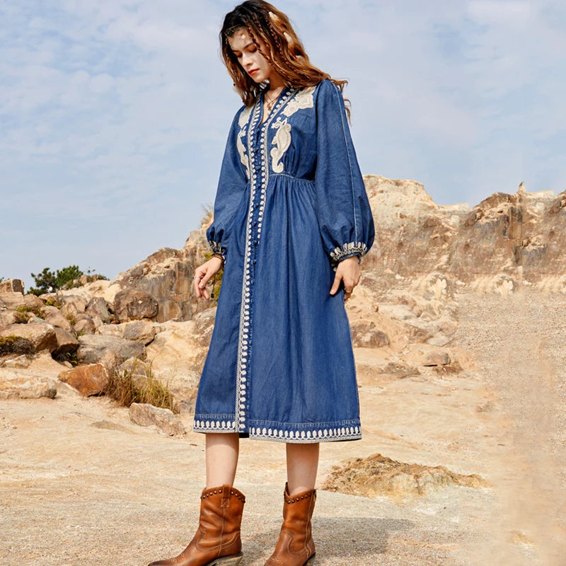 FashionSierra-Lantern Sleeve  Summer Denim  Casual  Deep V  Embroidery  Loose  Vintage  Maxi Boho Dress