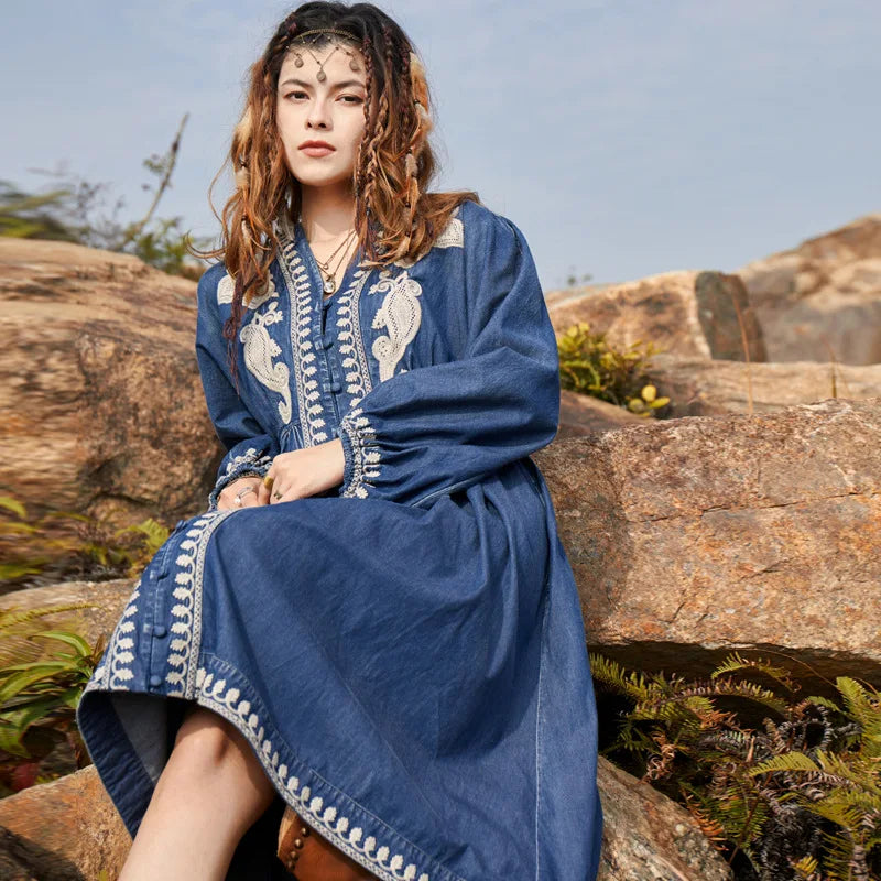 FashionSierra-Lantern Sleeve  Summer Denim  Casual  Deep V  Embroidery  Loose  Vintage  Maxi Boho Dress