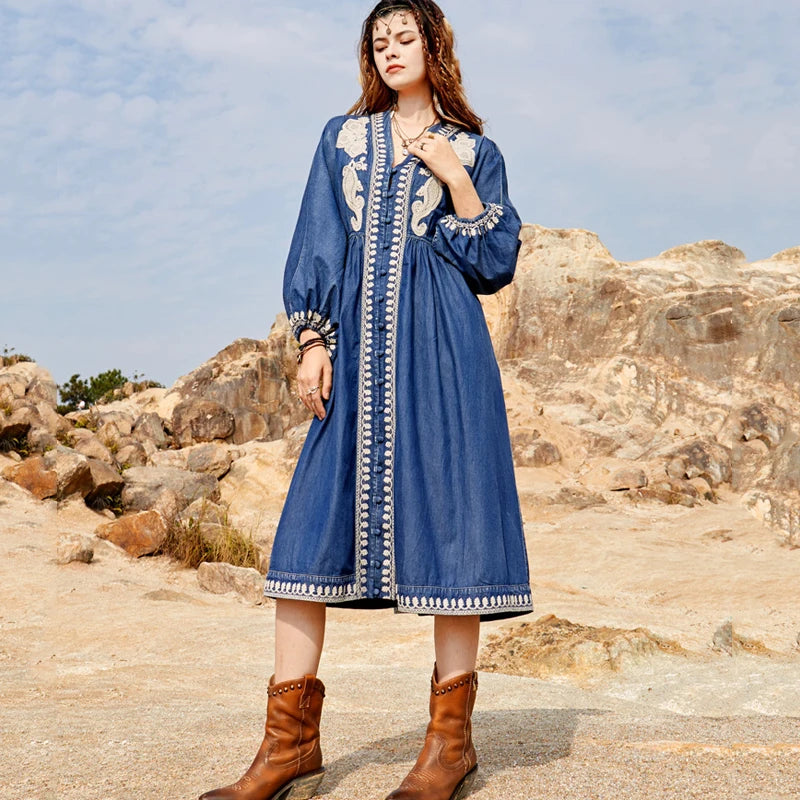 FashionSierra-Lantern Sleeve  Summer Denim  Casual  Deep V  Embroidery  Loose  Vintage  Maxi Boho Dress