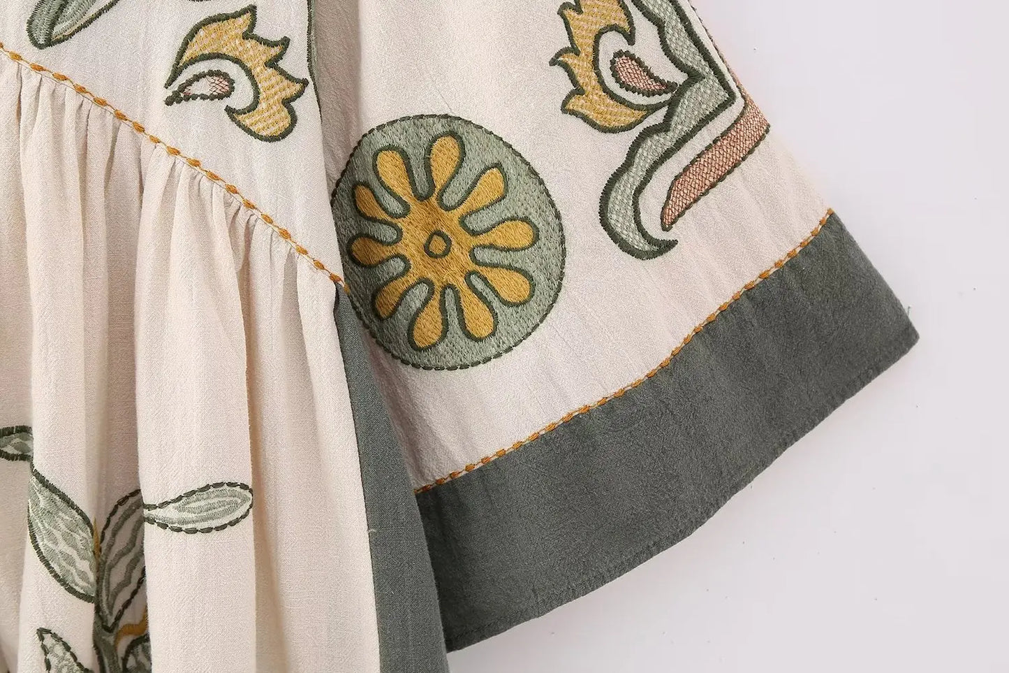FashionSierra-Linen Cotton  Floral Embroidery  Vintage  O Neck  Loose  A-line  Short  Summer Beach Boho Dress