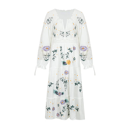 FashionSierra-Long Sleeve  Vintage  Floral Embroidery  Spring  Autumn  Casual  Deep V Neck  Cotton Boho Dress