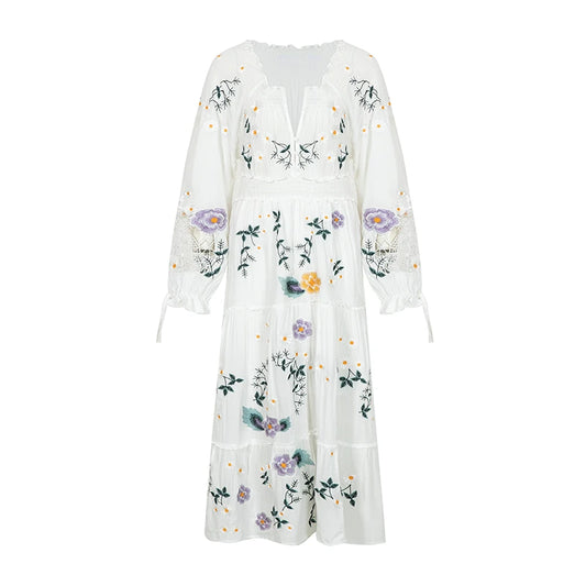 FashionSierra-Long Sleeve  Vintage  Floral Embroidery  Spring  Autumn  Casual  Deep V Neck  Cotton Boho Dress