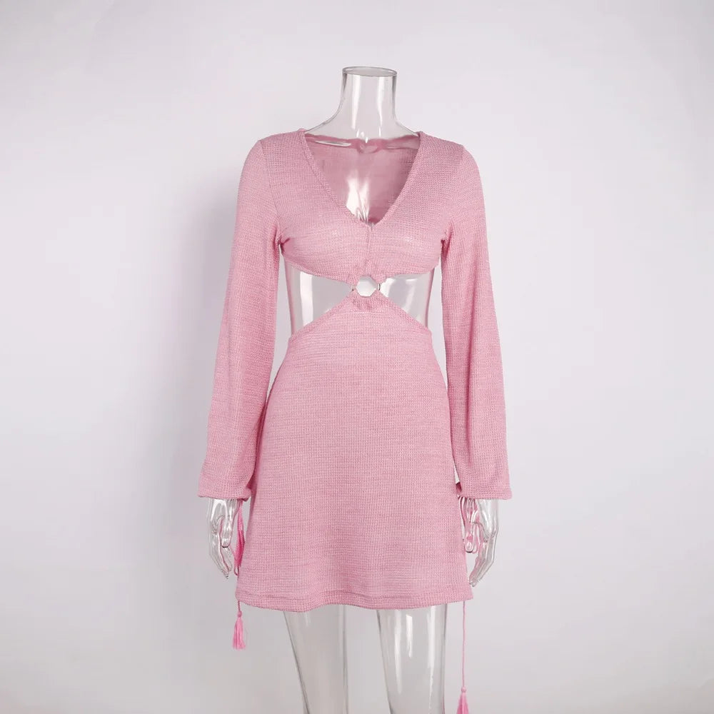 FashionSierra-Long Sleeve  Deep V  Mini  Women  Vintage  Hollow Out Waist  Summer  2024  Knitted Maxi  Vestidos Boho Dress