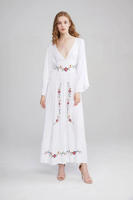 FashionSierra-Long Sleeve Deep V-neck Maxi Women Vintage Rayon Embroidered White Autumn Vestidos 2025 Casual Long Robe Boho Dress