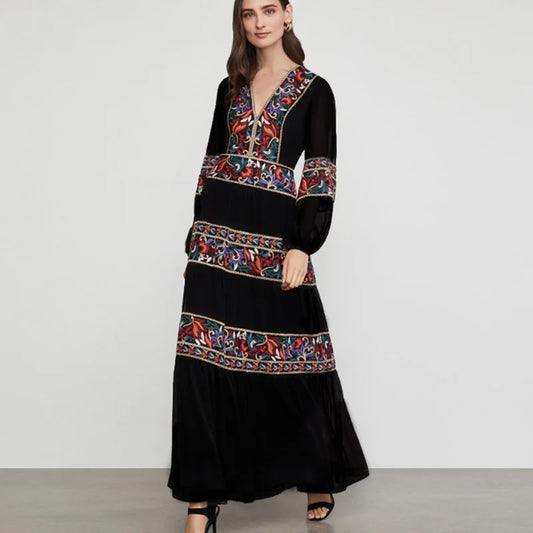 FashionSierra-Long Sleeve  V Neck  Maxi  Spring  Autumn  Ethnic  Floral Embroidery  Party  Cotton Boho Dress