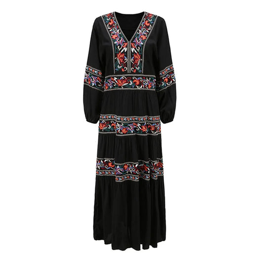 FashionSierra-Long Sleeve  V Neck  Maxi  Spring  Autumn  Ethnic  Floral Embroidery  Party  Cotton Boho Dress