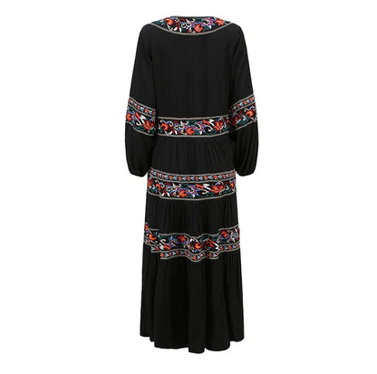 FashionSierra-Long Sleeve  V Neck  Maxi  Spring  Autumn  Ethnic  Floral Embroidery  Party  Cotton Boho Dress